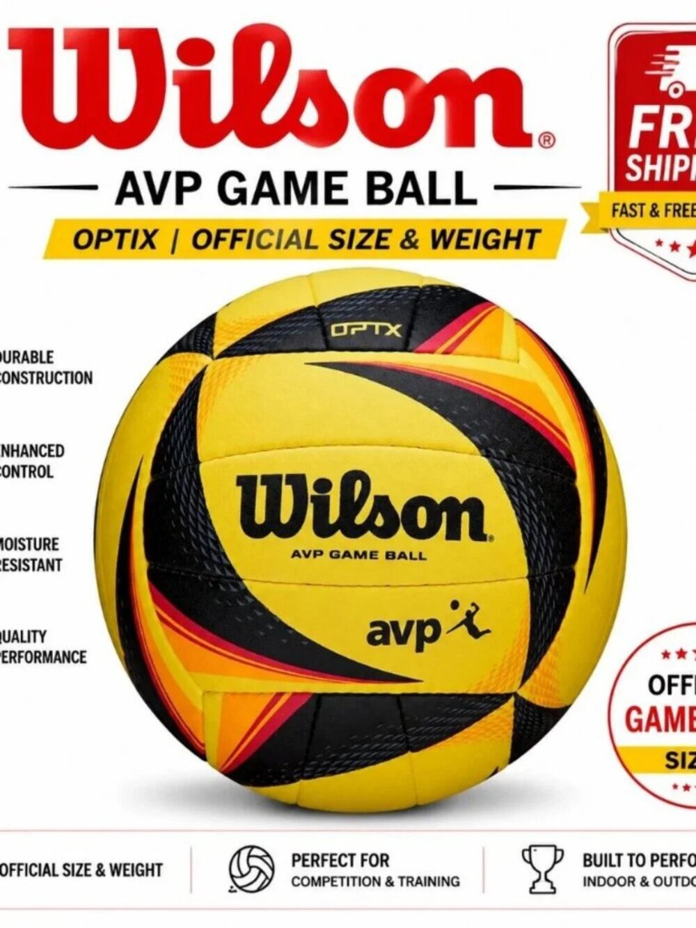 Wilson AVP OPTX Official Beach Volleyball Tour Match Game Ball - Black/Yellow